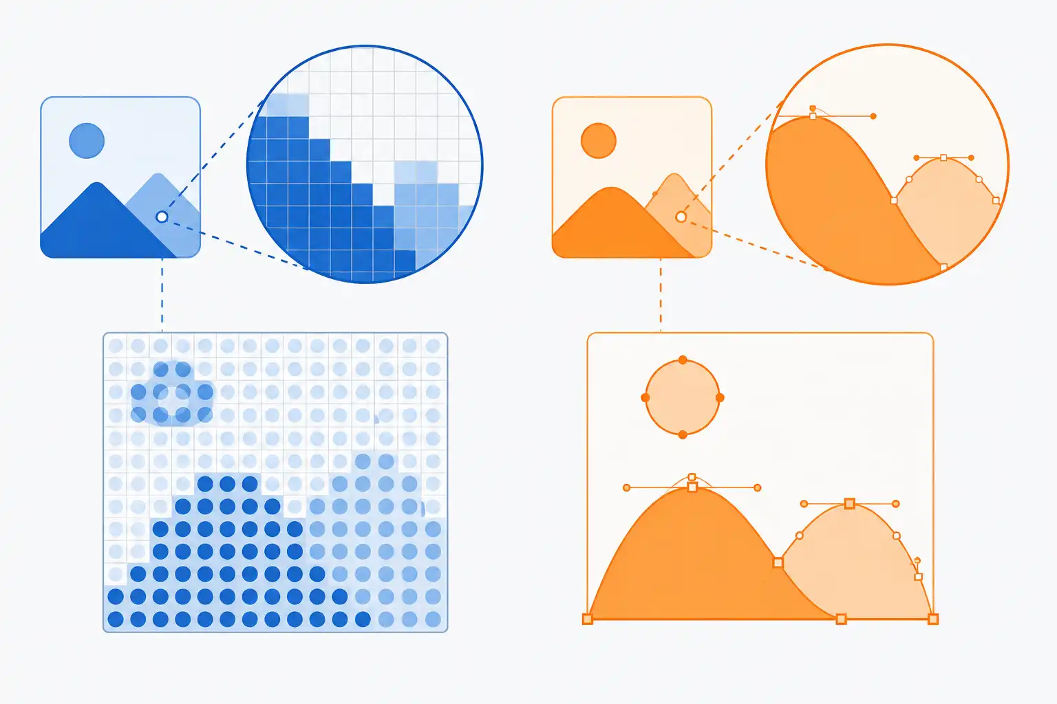 Diagram showing how SVG vector paths differ from pixel-based raster images